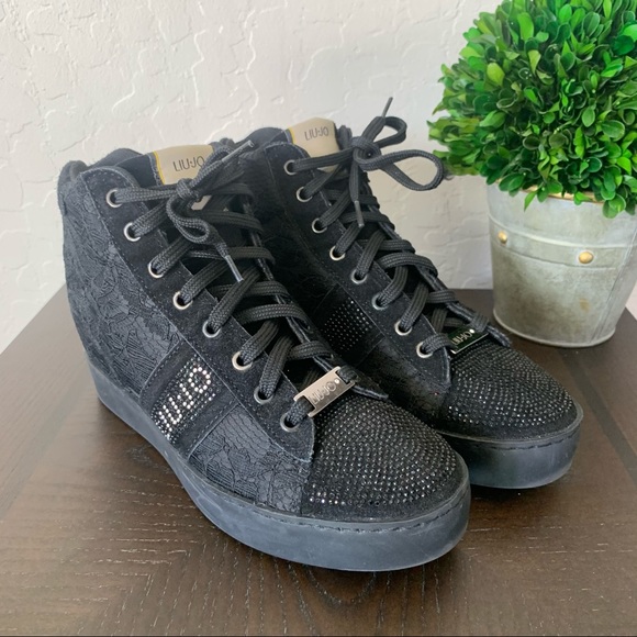 Liu Jo Shoes - Liu Jo Black Sneakers Glitter Studs Floral Lace